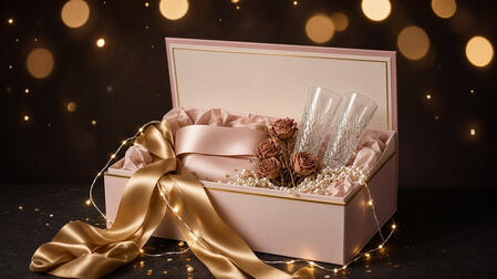 An open blush and ivory gift box with a gold satin ribbon, champagne flutes, dried roses and pearls, lit by fairy lights