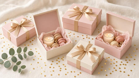 Blush and ivory gift boxes tied with gold ribbon, two open with candles and macarons, on ivory linen with gold confetti