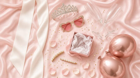 Hen party flat lay on blush silk: ivory sash, tiara, heart sunglasses, champagne flutes, pearl clips, rose-gold balloons and an open gift box