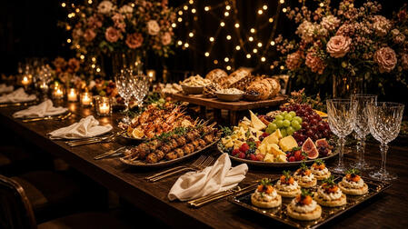 A candlelit evening grazing table with skewers, prawns, cheese, fruit, canapés and flowers