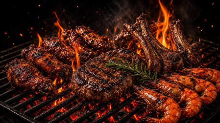 Steak, ribs, wings and prawns flame-grilling over glowing embers